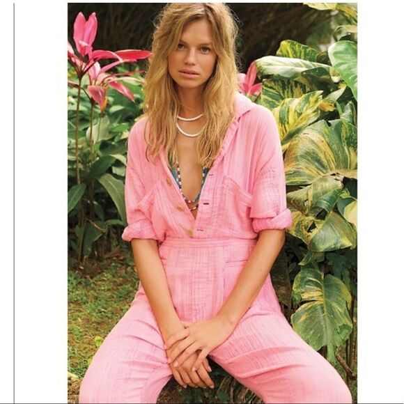 Free People Pink Button Front Empire One Piece - Picture 1 of 5